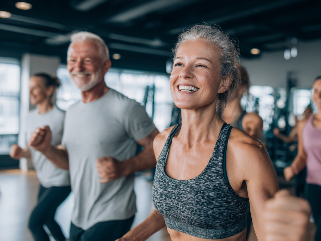 Люди різного віку займаються фітнесом в спортзалі